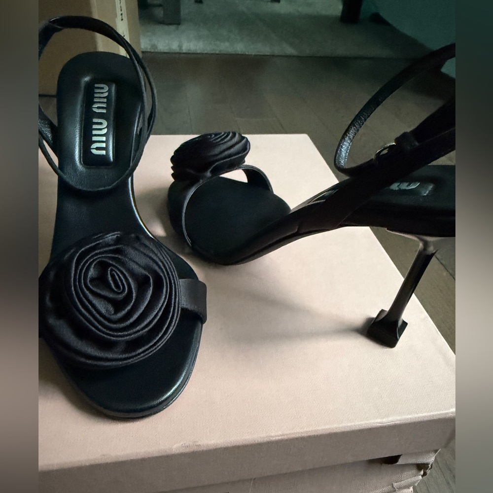 Miu Miu Black Rose Satin Sandals - Picture 7 of 10